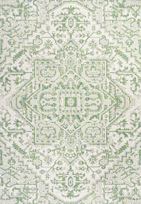 HomeRoots 9' X 12' Elegant Green and Cream Medallion Area Rug for Indoor and Outdoor Spaces, Fade-Resistant Design 703004