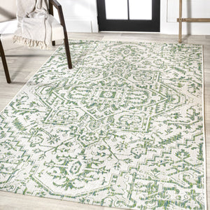 HomeRoots 9' X 12' Elegant Green and Cream Medallion Area Rug for Indoor and Outdoor Spaces, Fade-Resistant Design 703004