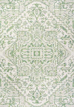 HomeRoots 9' X 12' Elegant Green and Cream Medallion Area Rug for Indoor and Outdoor Spaces, Fade-Resistant Design 703004