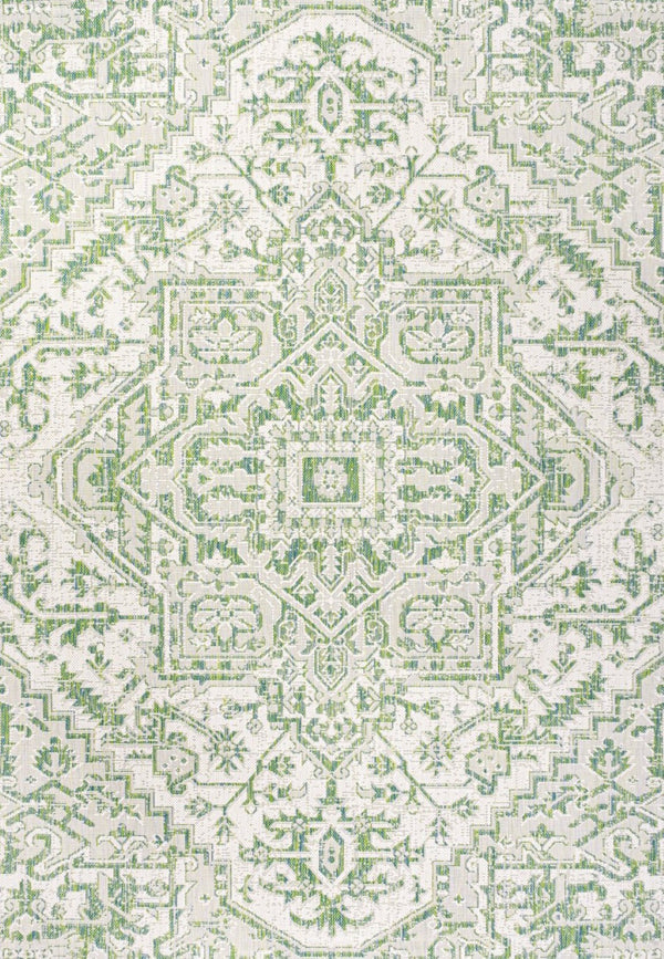 HomeRoots 9' X 12' Elegant Green and Cream Medallion Area Rug for Indoor and Outdoor Spaces, Fade-Resistant Design 703004