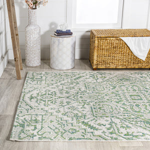 HomeRoots 9' X 12' Elegant Green and Cream Medallion Area Rug for Indoor and Outdoor Spaces, Fade-Resistant Design 703004