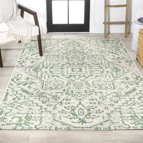 HomeRoots 9' X 12' Elegant Green and Cream Medallion Area Rug for Indoor and Outdoor Spaces, Fade-Resistant Design 703004