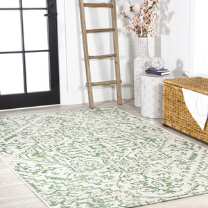 HomeRoots 9' X 12' Elegant Green and Cream Medallion Area Rug for Indoor and Outdoor Spaces, Fade-Resistant Design 703004