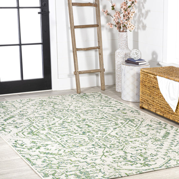 HomeRoots 9' X 12' Elegant Green and Cream Medallion Area Rug for Indoor and Outdoor Spaces, Fade-Resistant Design 703004