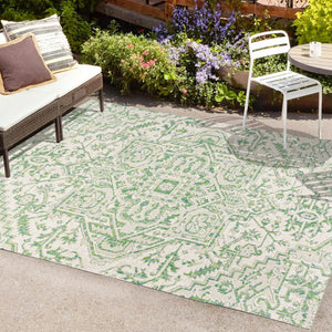 HomeRoots 9' X 12' Elegant Green and Cream Medallion Area Rug for Indoor and Outdoor Spaces, Fade-Resistant Design 703004