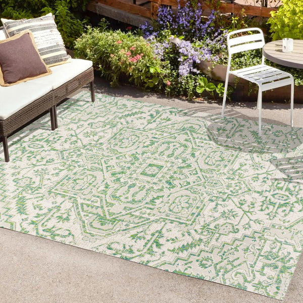 HomeRoots 9' X 12' Elegant Green and Cream Medallion Area Rug for Indoor and Outdoor Spaces, Fade-Resistant Design 703004