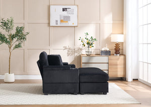 English Elm Corduroy Upholstered Chaise Lounge Sofa with Movable Ottoman, Cup Holder, Deep Seat Comfort Black W2120S00011