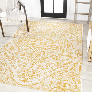 HomeRoots 9' Cream and Yellow Medallion Area Rug - Stylish Indoor/Outdoor Accent for High-Traffic Spaces 703009