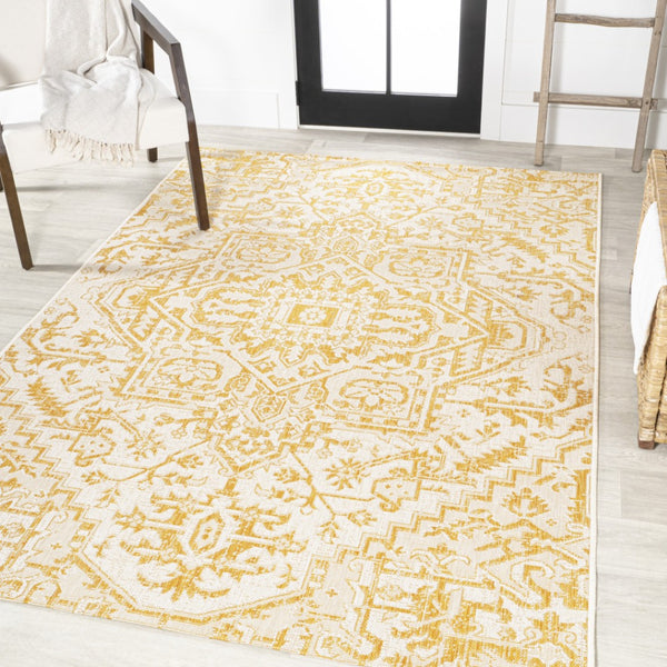 HomeRoots 9' Cream and Yellow Medallion Area Rug - Stylish Indoor/Outdoor Accent for High-Traffic Spaces 703009