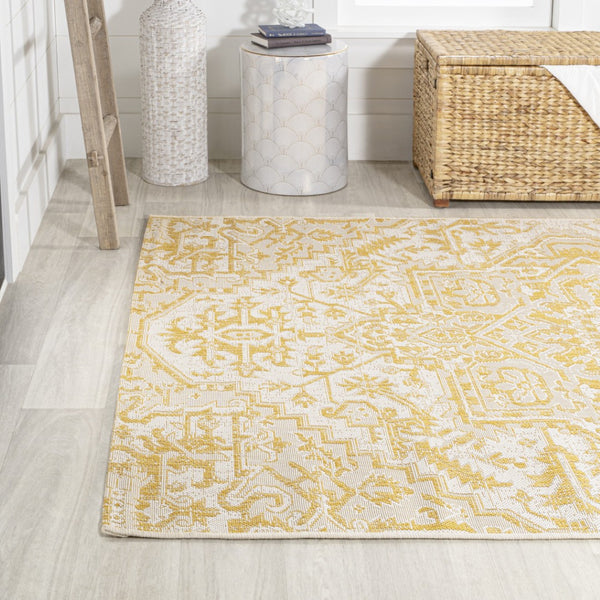HomeRoots 9' Cream and Yellow Medallion Area Rug - Stylish Indoor/Outdoor Accent for High-Traffic Spaces 703009