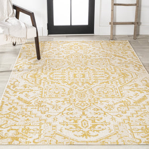 HomeRoots 9' Cream and Yellow Medallion Area Rug - Stylish Indoor/Outdoor Accent for High-Traffic Spaces 703009