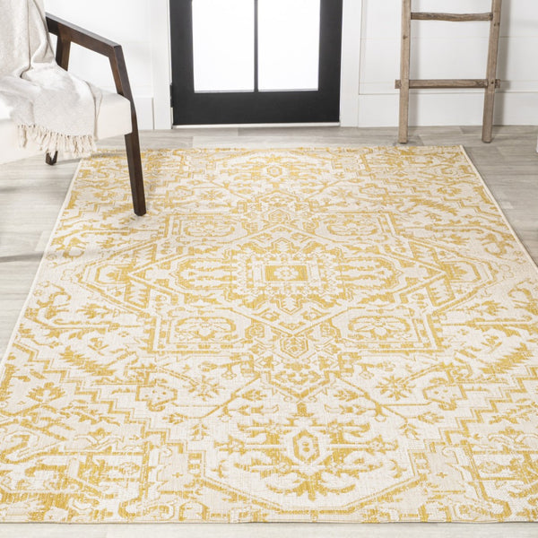 HomeRoots 9' Cream and Yellow Medallion Area Rug - Stylish Indoor/Outdoor Accent for High-Traffic Spaces 703009