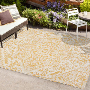 HomeRoots 9' Cream and Yellow Medallion Area Rug - Stylish Indoor/Outdoor Accent for High-Traffic Spaces 703009