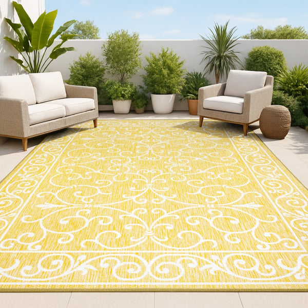 HomeRoots 8' x 10' Yellow and Cream Medallion Indoor/Outdoor Area Rug - Durable, Stylish, Versatile Home Accent 703023