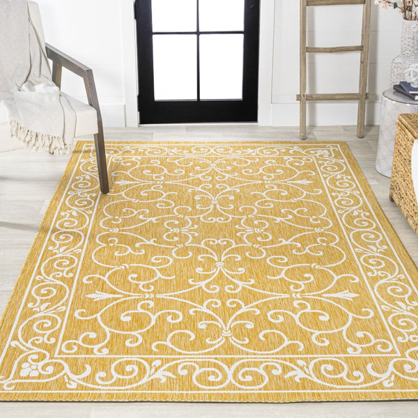 HomeRoots 8' x 10' Yellow and Cream Medallion Indoor/Outdoor Area Rug - Durable, Stylish, Versatile Home Accent 703023