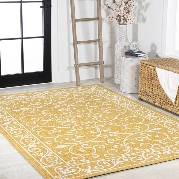 HomeRoots 8' x 10' Yellow and Cream Medallion Indoor/Outdoor Area Rug - Durable, Stylish, Versatile Home Accent 703023