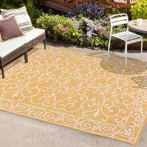 HomeRoots 8' x 10' Yellow and Cream Medallion Indoor/Outdoor Area Rug - Durable, Stylish, Versatile Home Accent 703023