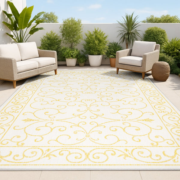 HomeRoots 9' Cream and Yellow Medallion Area Rug - Durable Indoor/Outdoor Accent for Living Spaces & Patios 703029