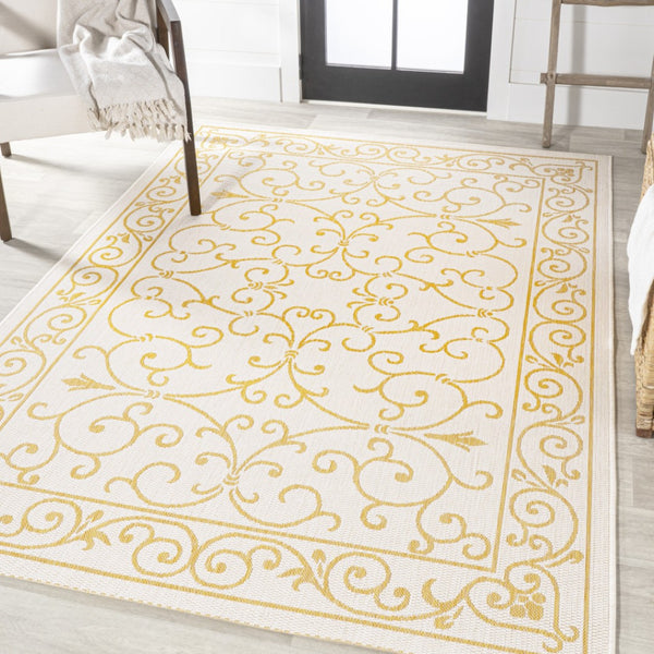 HomeRoots 9' Cream and Yellow Medallion Area Rug - Durable Indoor/Outdoor Accent for Living Spaces & Patios 703029