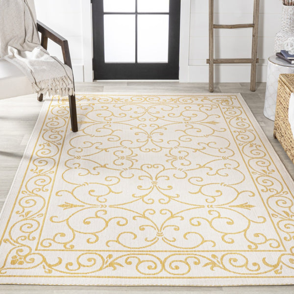 HomeRoots 9' Cream and Yellow Medallion Area Rug - Durable Indoor/Outdoor Accent for Living Spaces & Patios 703029