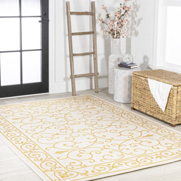 HomeRoots 9' Cream and Yellow Medallion Area Rug - Durable Indoor/Outdoor Accent for Living Spaces & Patios 703029