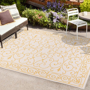 HomeRoots 9' Cream and Yellow Medallion Area Rug - Durable Indoor/Outdoor Accent for Living Spaces & Patios 703029