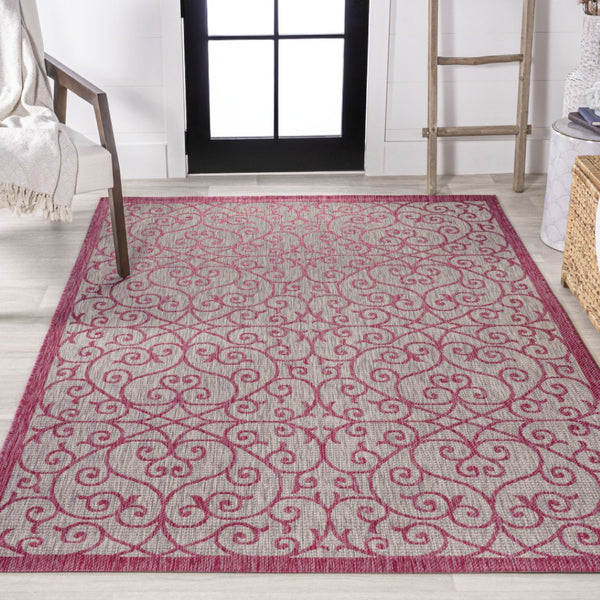 HomeRoots 5' Light Gray and Fuchsia Geometric Area Rug - Stylish, Durable, Indoor/Outdoor, Easy-Care Design 703032
