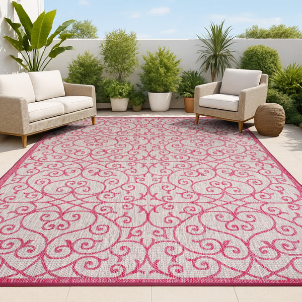 HomeRoots 8' x 10' Light Gray & Fuchsia Geometric Area Rug - Durable, Stylish, Indoor/Outdoor Versatile Decor 703033