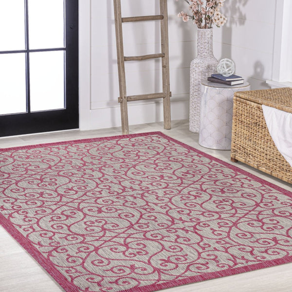 HomeRoots 8' x 10' Light Gray & Fuchsia Geometric Area Rug - Durable, Stylish, Indoor/Outdoor Versatile Decor 703033
