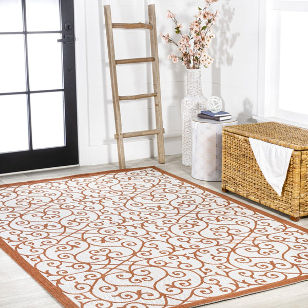 HomeRoots 5' Cream and Orange Geometric Area Rug - Durable Indoor/Outdoor Design for Modern Spaces, Versatile! 703042