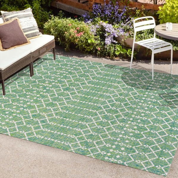 HomeRoots 8' Green and Cream Trellis Area Rug - Durable, Stylish, Indoor/Outdoor Design for Any Space Upgrade 703048