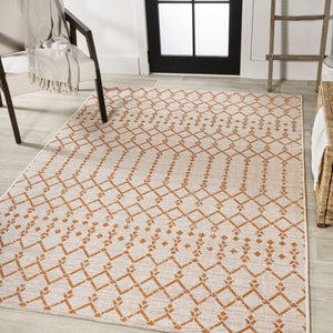HomeRoots 5' Stylish Cream and Orange Trellis Area Rug – Durable, Weather-Resistant Design for Indoor/Outdoor Use 703052