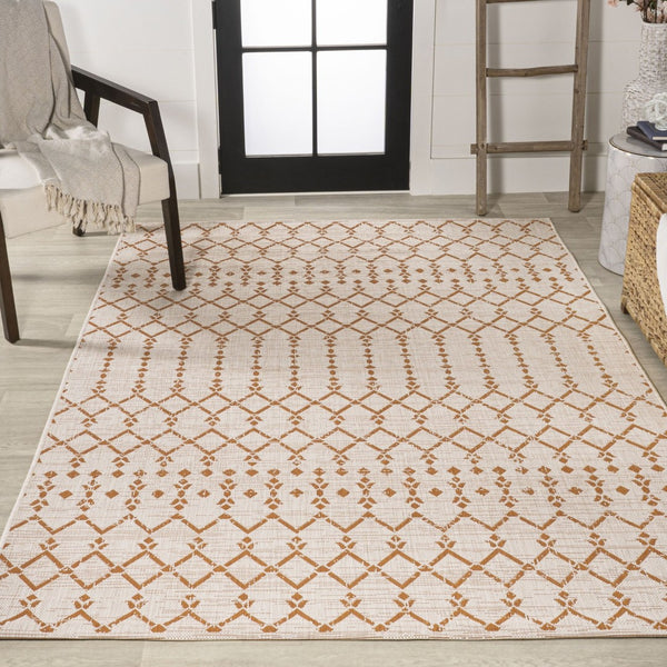 HomeRoots 8' X 10' Cream and Orange Trellis Rug – Stylish, Weather-Resistant Indoor/Outdoor Area Rug for Any Space 703053