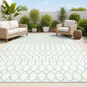 HomeRoots 9' X 12' Green and Ivory Trellis Rug - Versatile Indoor/Outdoor Design, Durable & Easy to Clean! 703069