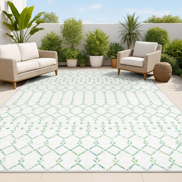 HomeRoots 9' X 12' Green and Ivory Trellis Rug - Versatile Indoor/Outdoor Design, Durable & Easy to Clean! 703069