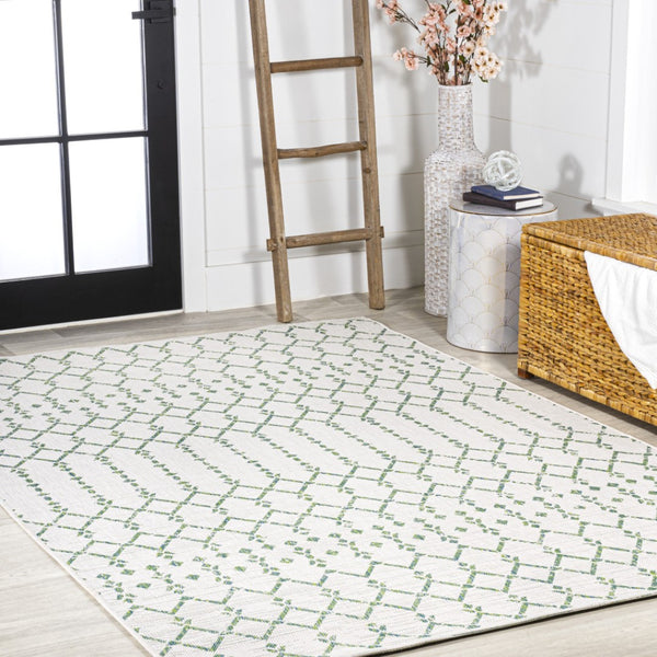 HomeRoots 9' X 12' Green and Ivory Trellis Rug - Versatile Indoor/Outdoor Design, Durable & Easy to Clean! 703069