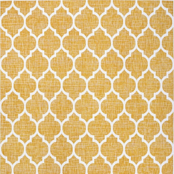 HomeRoots 8' Modern Yellow and Cream Geometric Area Rug – Durable Indoor/Outdoor Design for Any Space! 703073