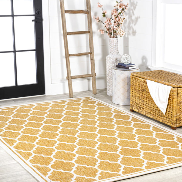 HomeRoots 8' Modern Yellow and Cream Geometric Area Rug – Durable Indoor/Outdoor Design for Any Space! 703073