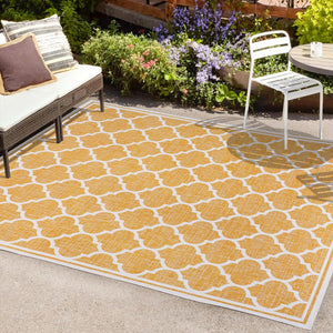 HomeRoots 8' Modern Yellow and Cream Geometric Area Rug – Durable Indoor/Outdoor Design for Any Space! 703073