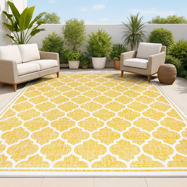 HomeRoots 9' Modern Yellow and Cream Geometric Area Rug - Indoor/Outdoor Durable, Stylish, Easy-Clean Design 703074