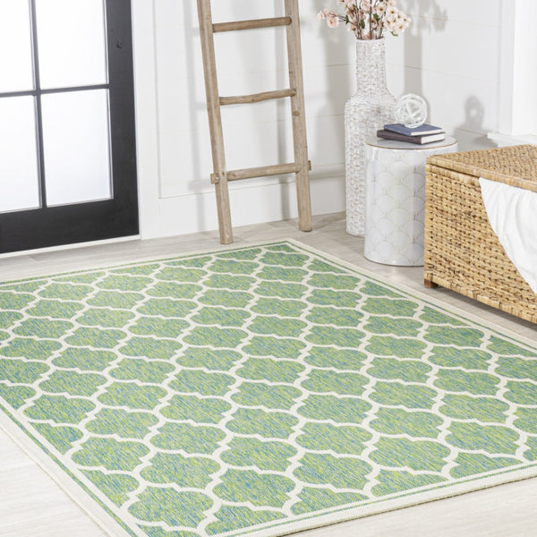 HomeRoots 8' X 10' Cream and Green Geometric Area Rug - Durable Indoor/Outdoor Design for Modern Spaces 703083