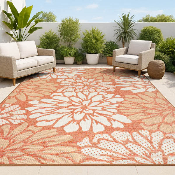 HomeRoots 5' X 8' Vibrant Orange and Cream Floral Area Rug - Indoor/Outdoor Durable Elegance for Any Space 703092