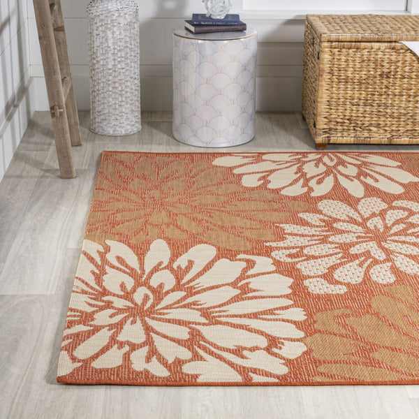 HomeRoots 8' X 10' Vibrant Orange and Cream Floral Area Rug – Durable, Versatile, Perfect for Indoor & Outdoor Use! 703093