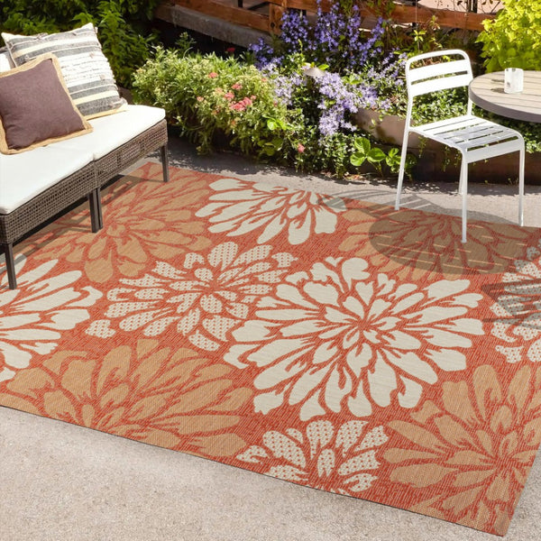 HomeRoots 8' X 10' Vibrant Orange and Cream Floral Area Rug – Durable, Versatile, Perfect for Indoor & Outdoor Use! 703093