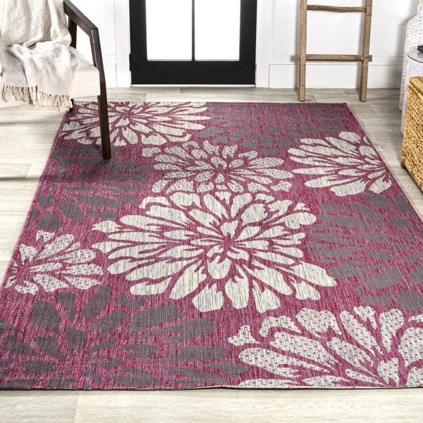 HomeRoots 8' X 10' Vibrant Fuchsia & Light Gray Floral Area Rug for Indoor/Outdoor Use – Stylish & Durable! 703098