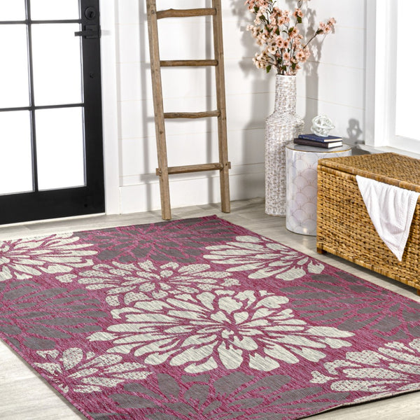 HomeRoots 8' X 10' Vibrant Fuchsia & Light Gray Floral Area Rug for Indoor/Outdoor Use – Stylish & Durable! 703098