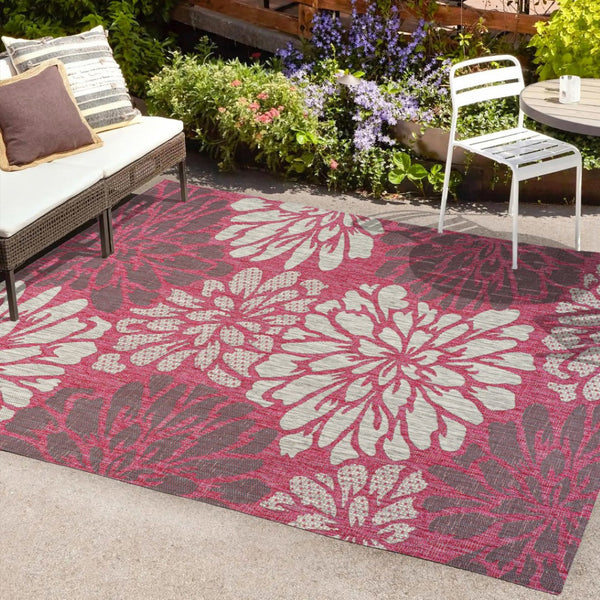 HomeRoots 8' X 10' Vibrant Fuchsia & Light Gray Floral Area Rug for Indoor/Outdoor Use – Stylish & Durable! 703098