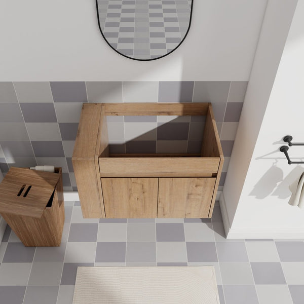 English Elm 30 Inch Wall Mounted Bathroom Vanity with Open Shelf Hardware Free Handle Design W99956039