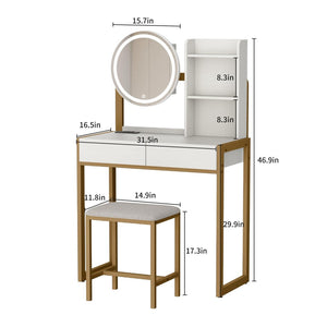 English Elm Small Bedroom Vanity Desk with Led Mirror Cushioned Stool Power Outlet and Storage White+Gold W3587P462322