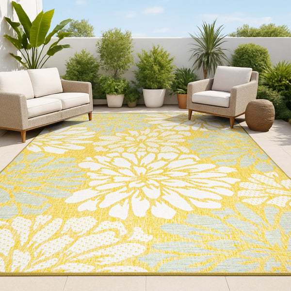 HomeRoots 8' X 10' Yellow & Cream Floral Area Rug – Indoor/Outdoor, Weather-Resistant, Easy-Clean, Durable Design 703103